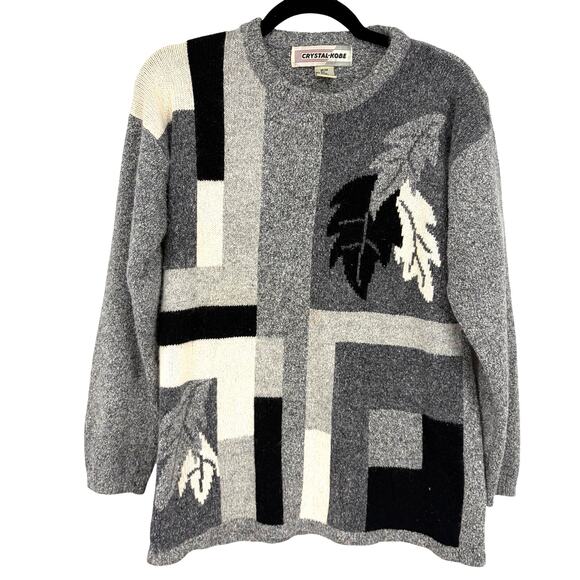 Crystal-Kobe Sweaters - Crystal-Kobe Vintage Color Block Leaf Silk Angora Rabbit Hair Blend Gray Sweater